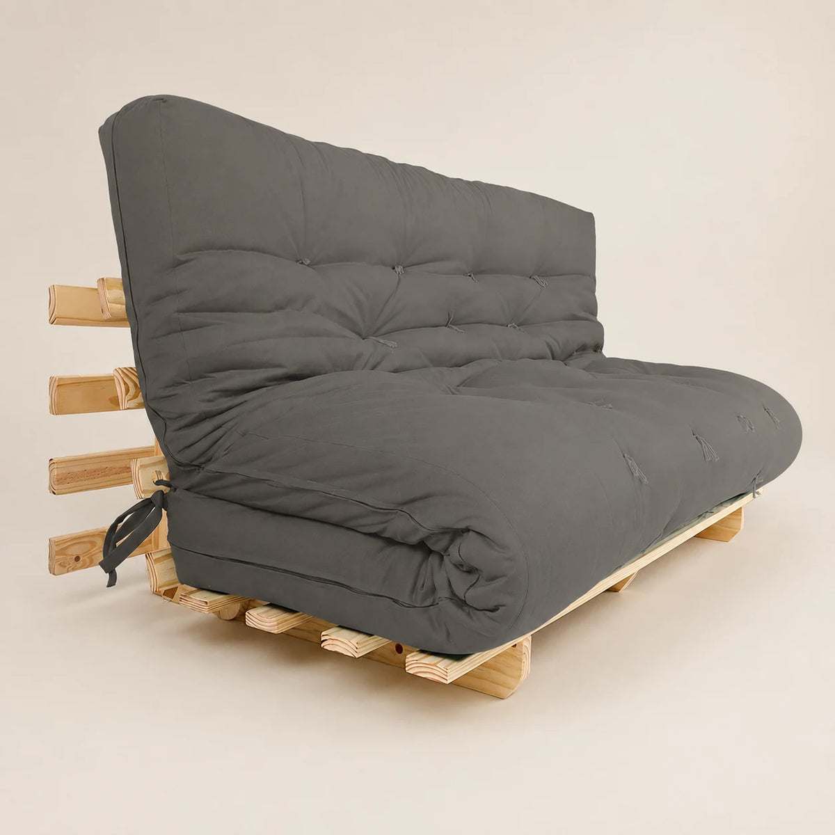 Sofa Cama Futon Oriental King Madeira Pinus Sem Pintura Sarja Cinza