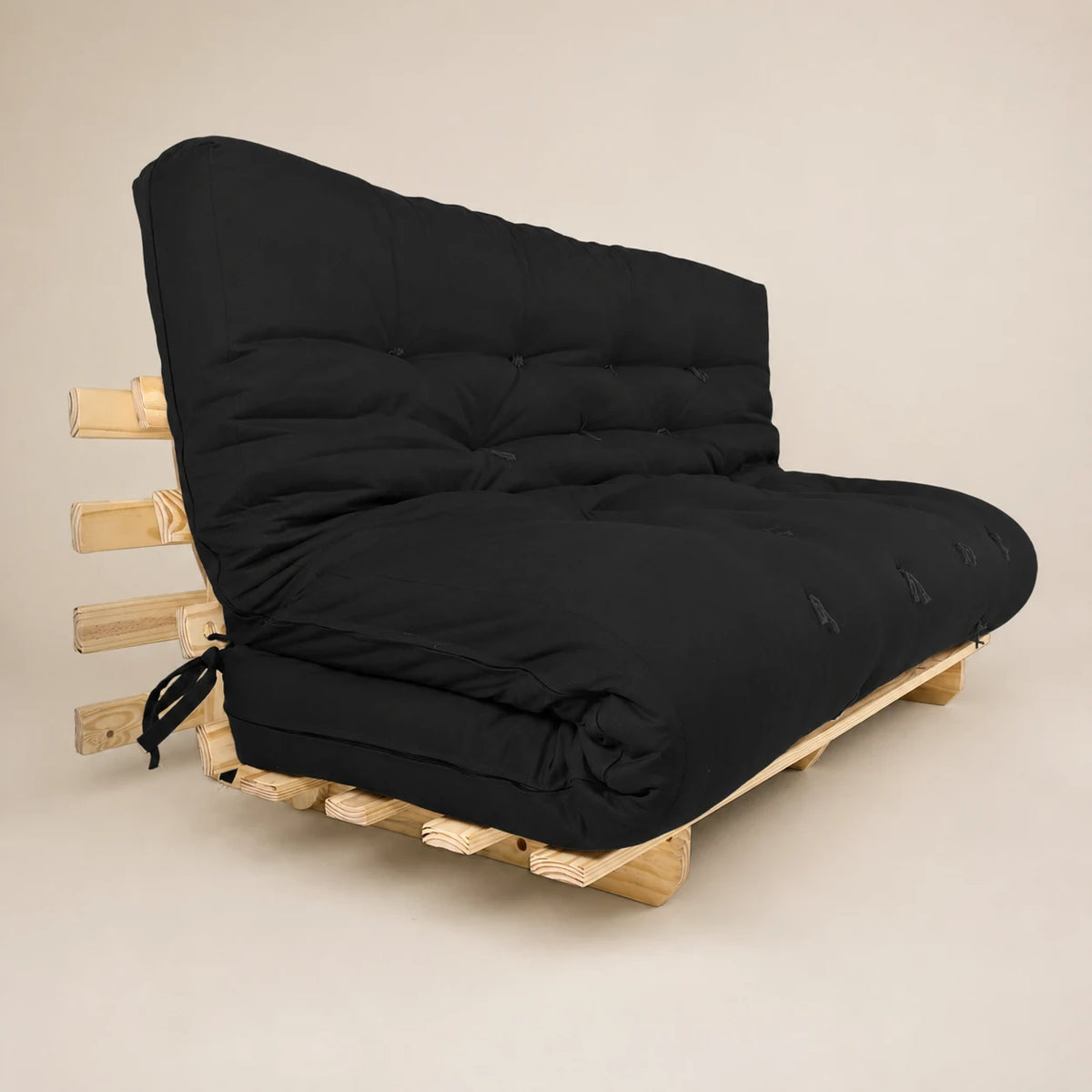 Sofa Cama Futon Oriental King Madeira Pinus Sem Pintura Sarja Preto