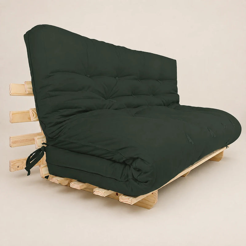 Sofa Cama Futon Oriental King Madeira Pinus Sem Pintura Sarja Verde Militar