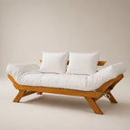 Sofá Cama Futon Reclinável Japão - Madeira Nobre Mel Tecido Acquablock Cor Branco Off