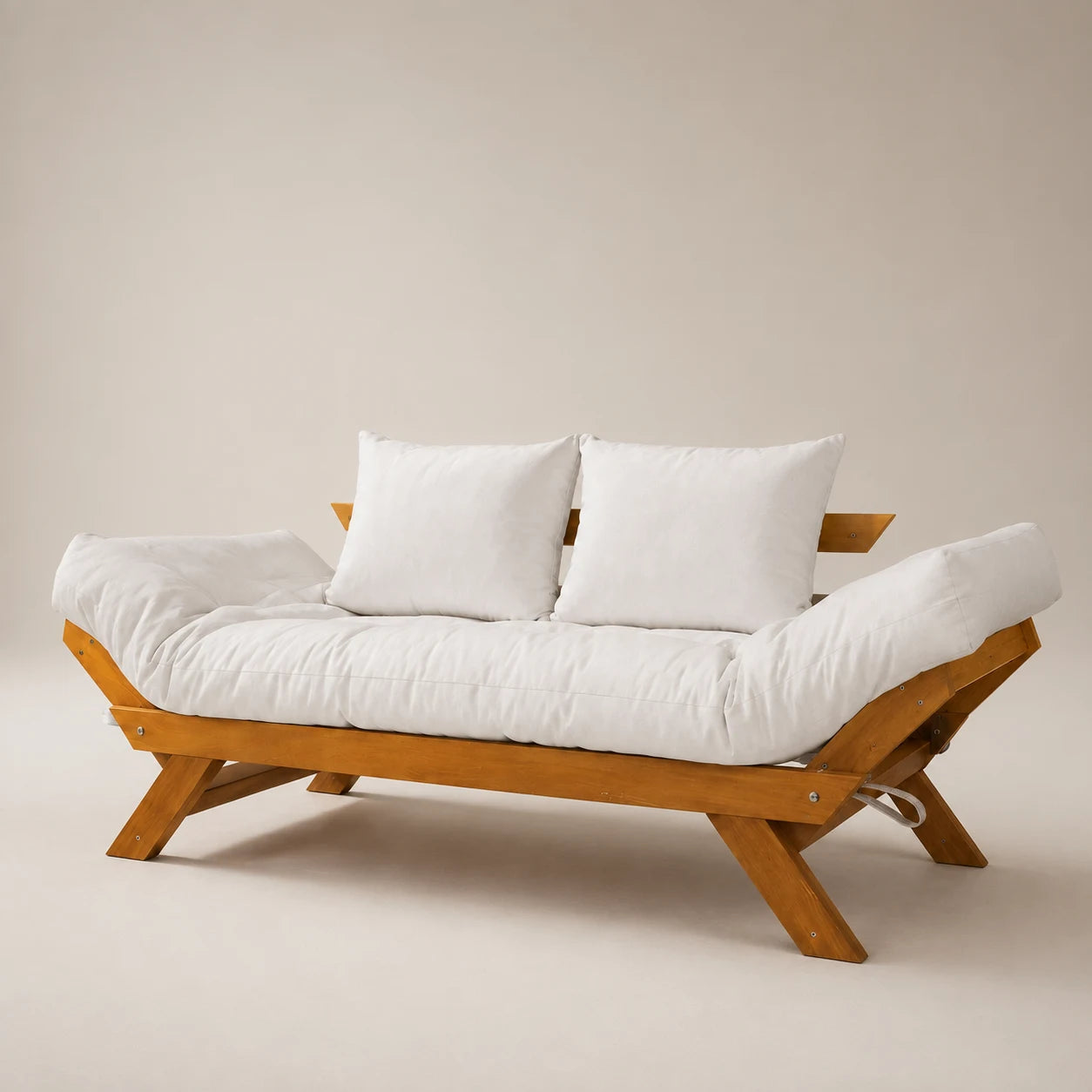 Sofá Cama Futon Reclinável Japão - Madeira Nobre Mel Tecido Acquablock Cor Branco Off