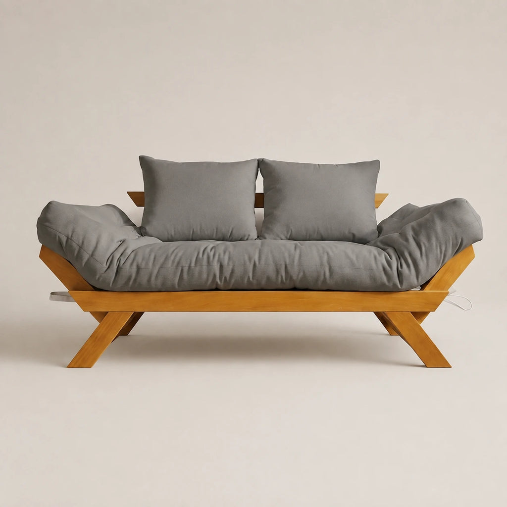 Sof� Cama Futon Reclin�vel Jap�o D33 - Madeira Nobre Mel Tecido Acquablock Cor Chumbo