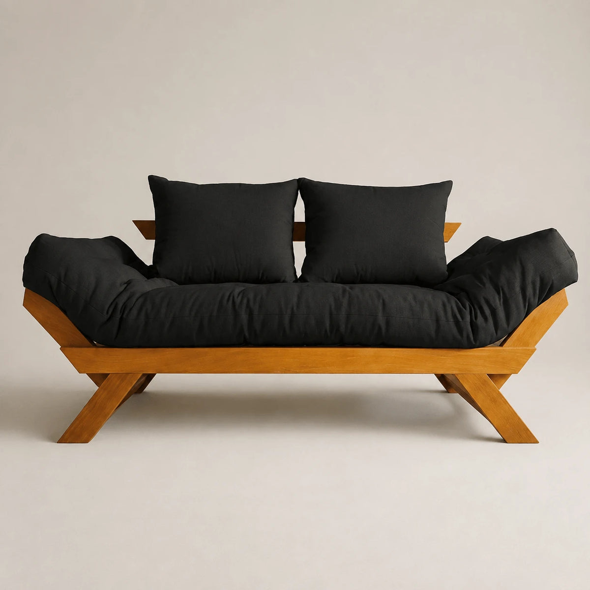 Sofá Cama Futon Reclinável Japão D33- Madeira Nobre Mel Tecido Acquablock Cor Preto
