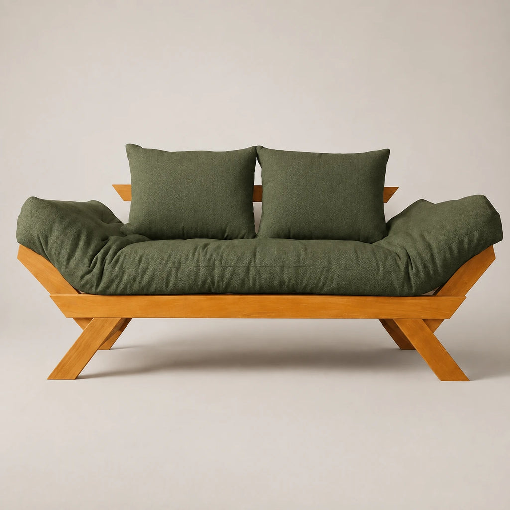 Sof� Cama Futon Reclin�vel Jap�o D33 - Madeira Nobre Mel Tecido Acquablock Cor Verde Oliva