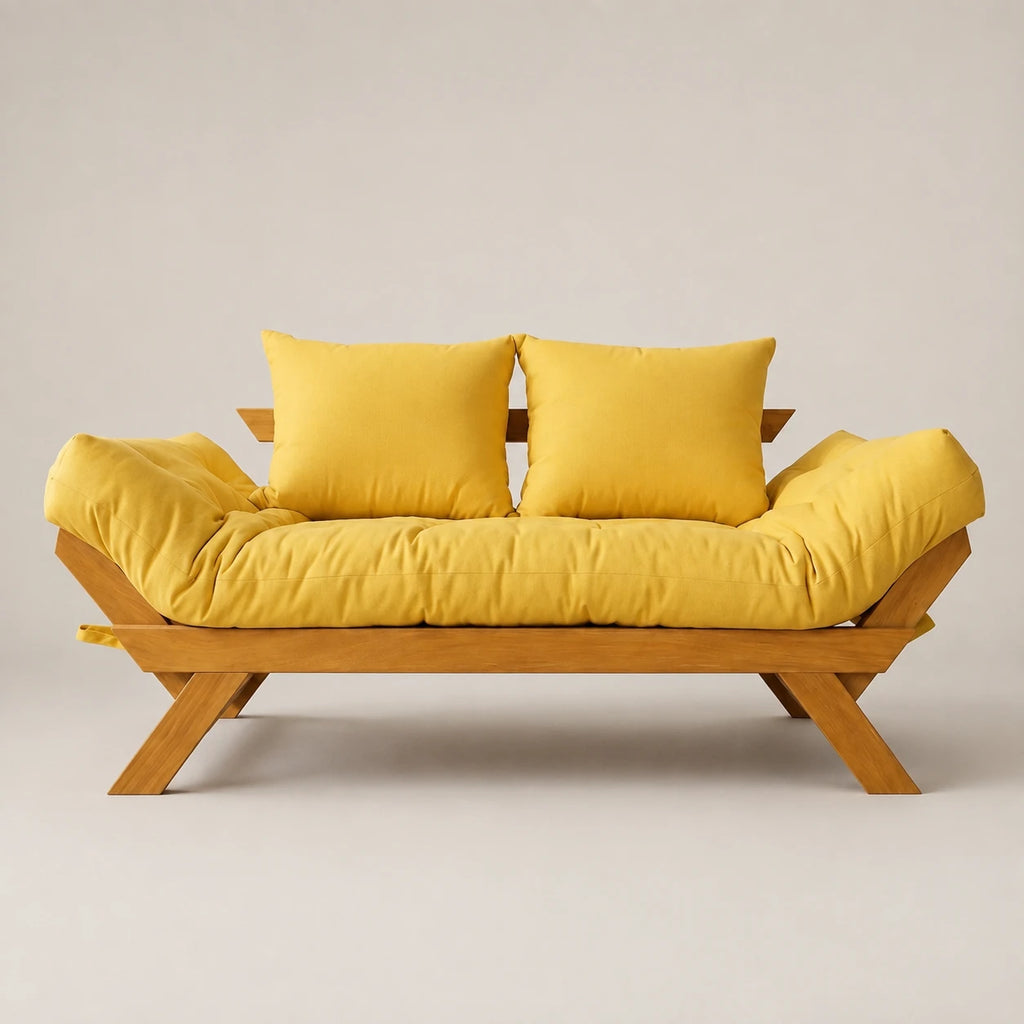Sof� Cama Reclin�vel Futon D33 Jap�o - Madeira Mel Tecido Acquablock Cor Amarelo