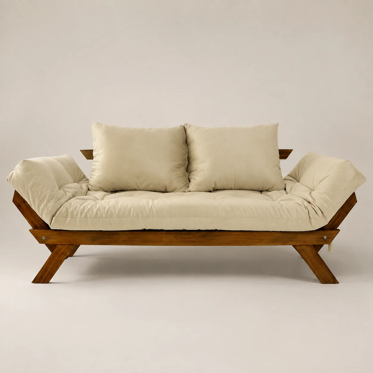 Sofá Cama Reclinável Futon D33 Japão - Madeira Nobre Imbuia Tecido Sarja Cor Bege