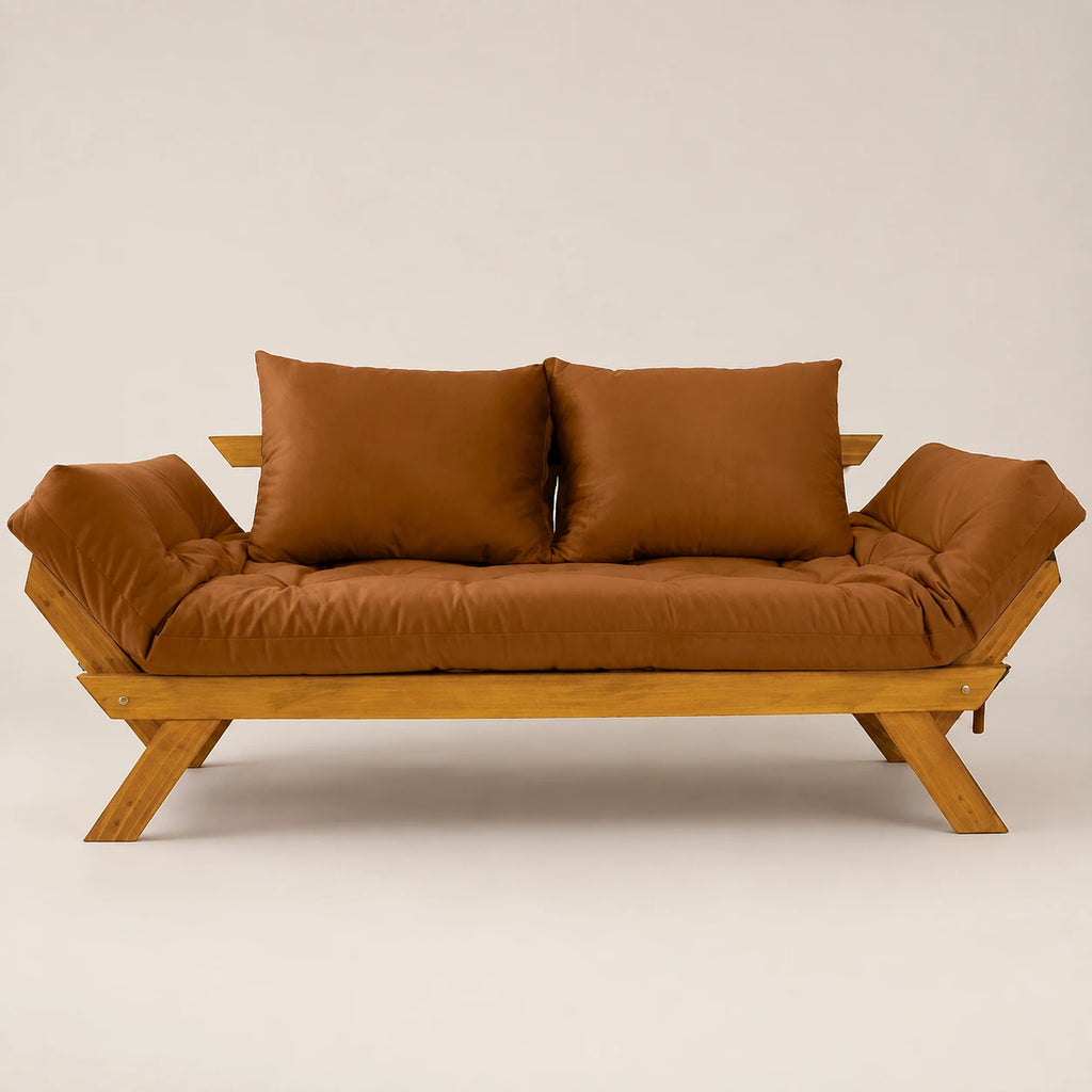 Sof� Cama Reclin�vel Futon D33 Jap�o - Madeira Mel Tecido Sarja Cor Caramelo
