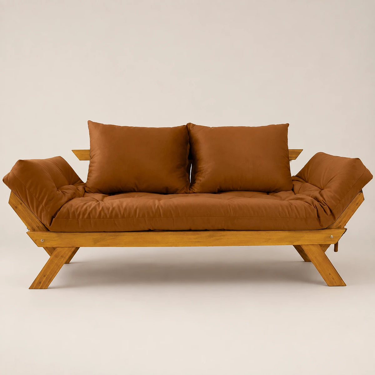 Sofá Cama Reclinável Futon D33 Japão - Madeira Mel Tecido Sarja Cor Caramelo