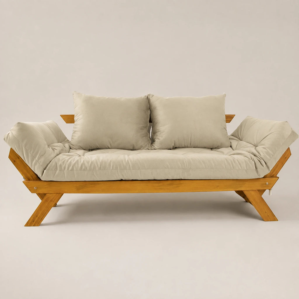 Sof� Cama Reclin�vel Futon D33 Jap�o - Madeira Mel Tecido Sarja Cor Bege