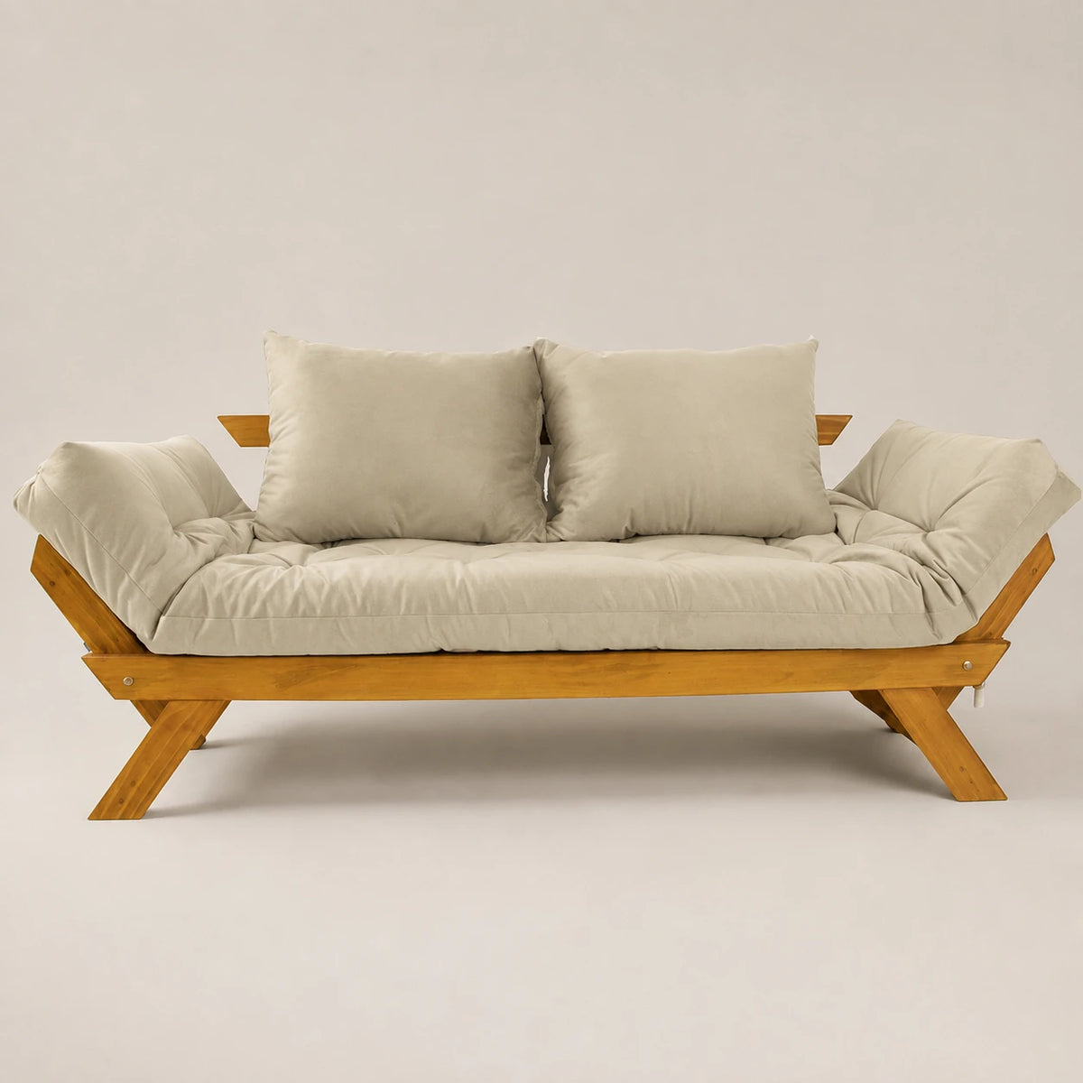 Sof� Cama Reclin�vel Futon D33 Jap�o - Madeira Mel Tecido Sarja Cor Bege