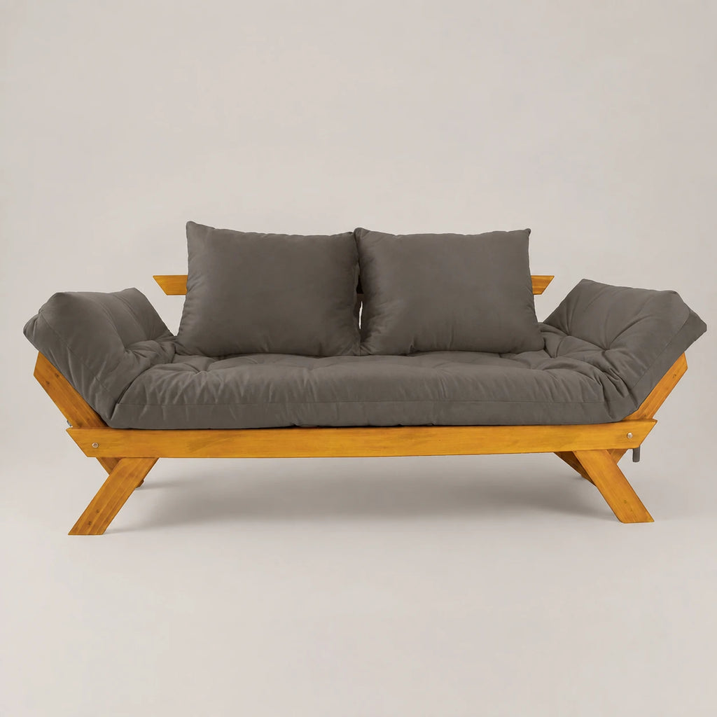 Sof� Cama Reclin�vel Futon D33 Jap�o - Madeira Mel Tecido Sarja Cor Cinza