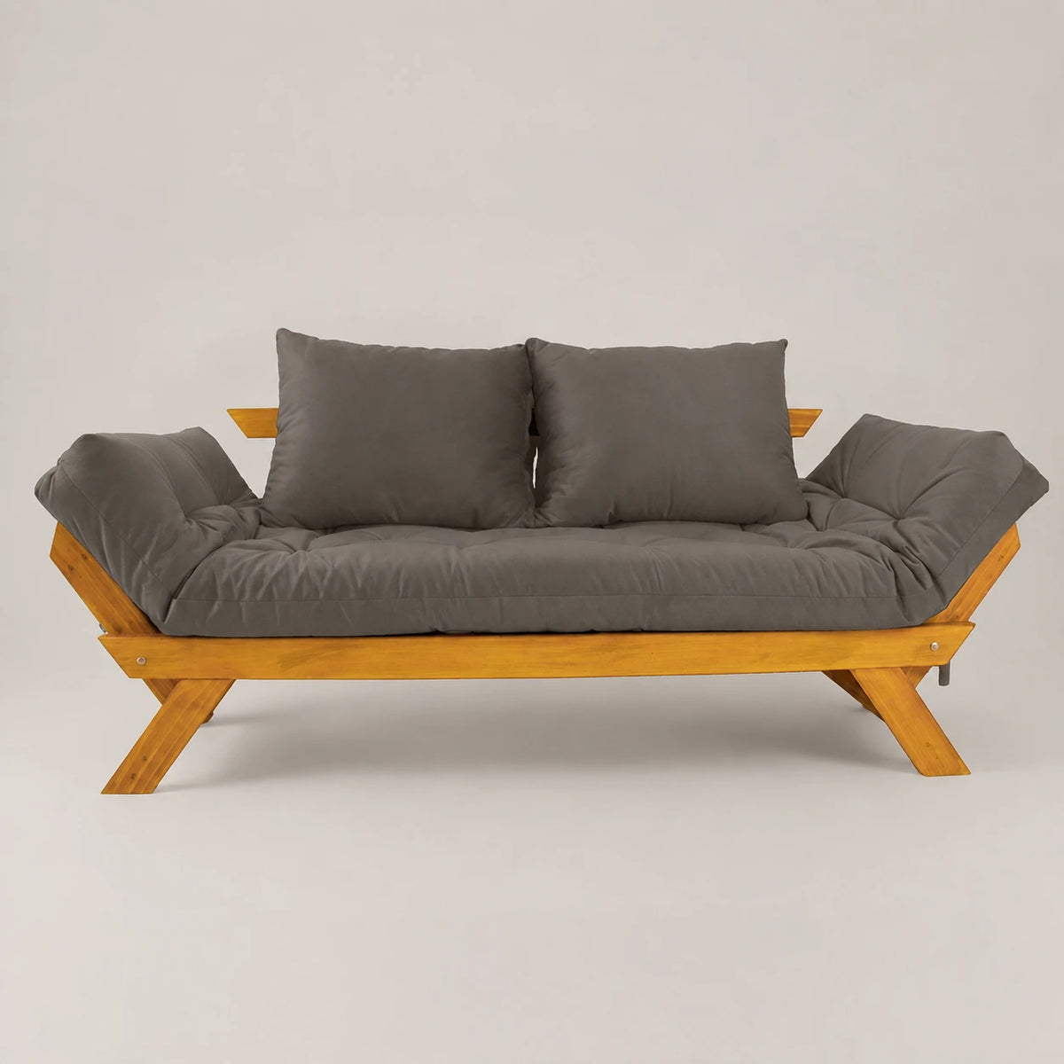 Sofá Cama Reclinável Futon D33 Japão - Madeira Mel Tecido Sarja Cor Cinza