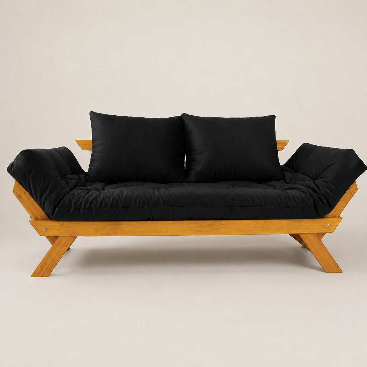 Sofá Cama Reclinável Futon D33 Japão - Madeira Mel Tecido Sarja Cor Preto