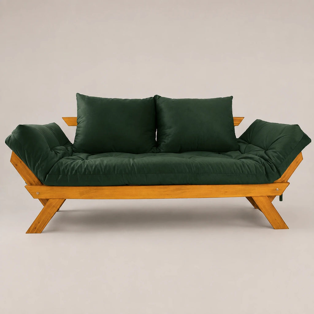 Sof� Cama Reclin�vel Futon D33 Jap�o - Madeira Mel Tecido Sarja Cor Verde Militar