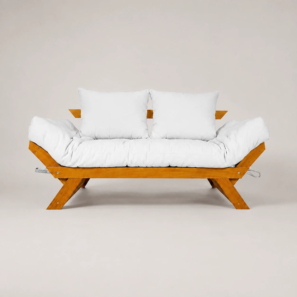 Sof� Cama Reclin�vel Futon Jap�o 1,40 - Madeira Mel Tecido Acquablock Cor Branco off