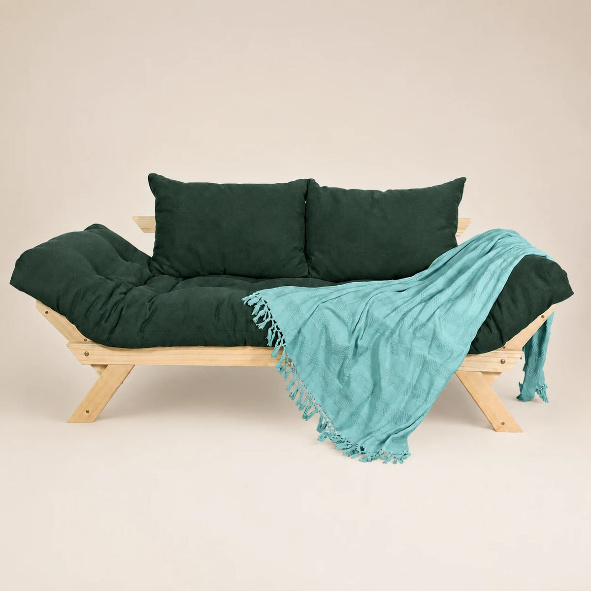 Sof� Cama Reclin�vel Futon Jap�o - Madeira Sem Pintura Tecido Acquablock Cor Verde Oliva
