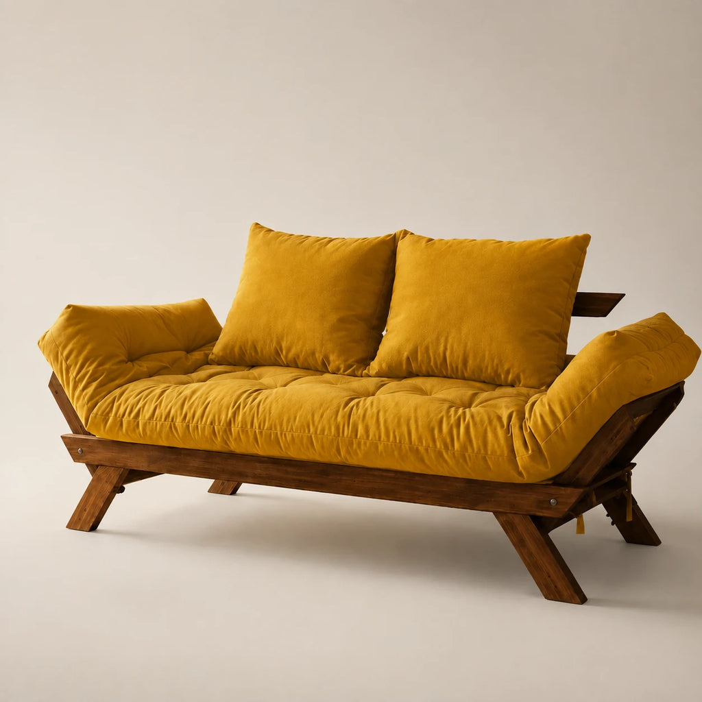Sof� Cama Reclin�vel Futon D33 Jap�o - Madeira Imbuia Tecido Acquablock Cor Amarelo