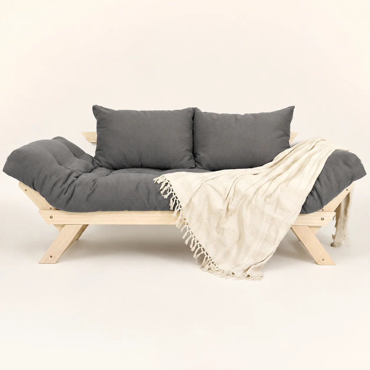 Sofá Cama Reclinável Futon Japão D33- Madeira Sem Pintura Tecido Sarja Cor Cinza