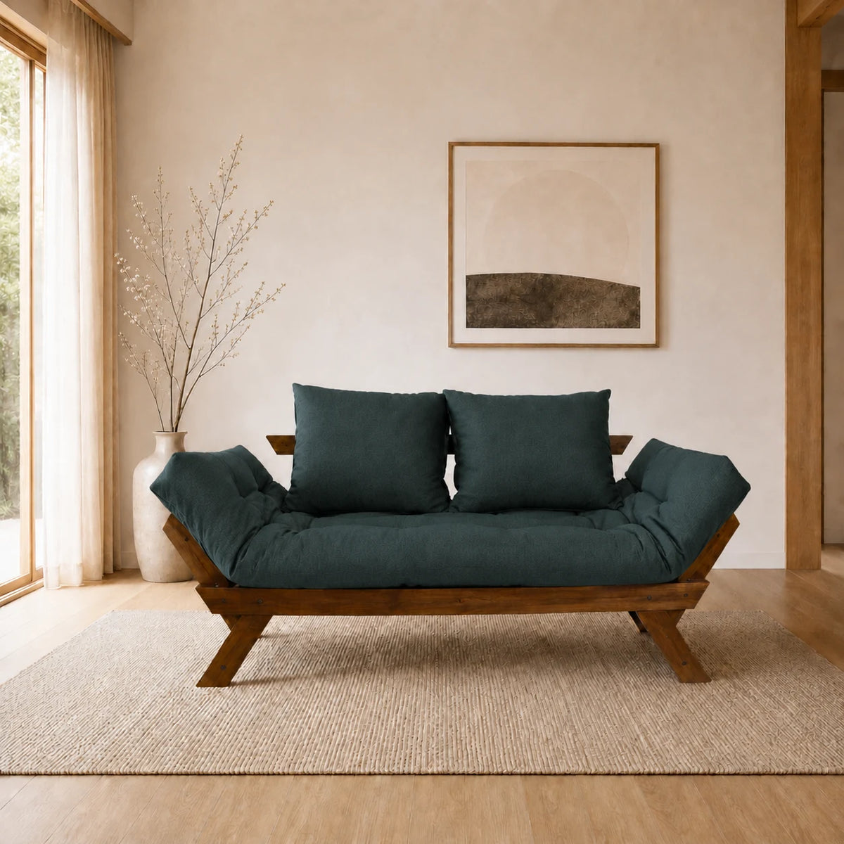 Sof� Cama Reclin�vel Futon Jap�o - Madeira Imbuia Tecido Acquablock Cor Verde Oliva