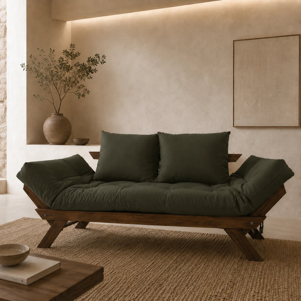 Sof� Cama Reclin�vel Futon Jap�o - Madeira Imbuia Tecido Sarja Cor Verde Militar