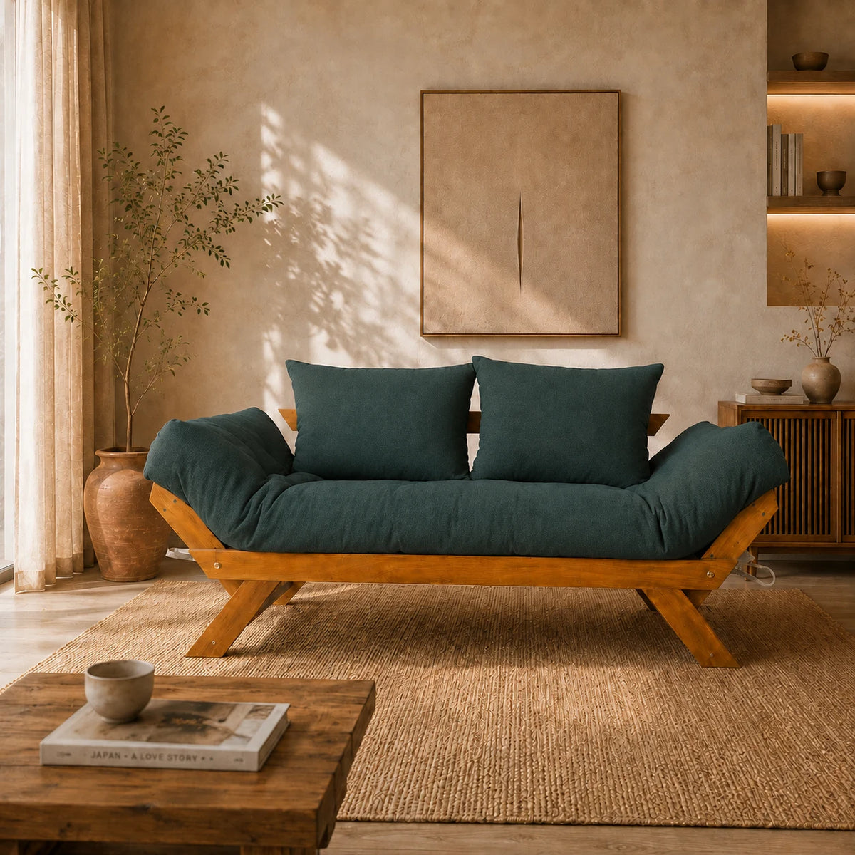 Sof� Cama Reclin�vel Futon Jap�o  - Madeira Mel Tecido Acquablock Cor Verde Oliva