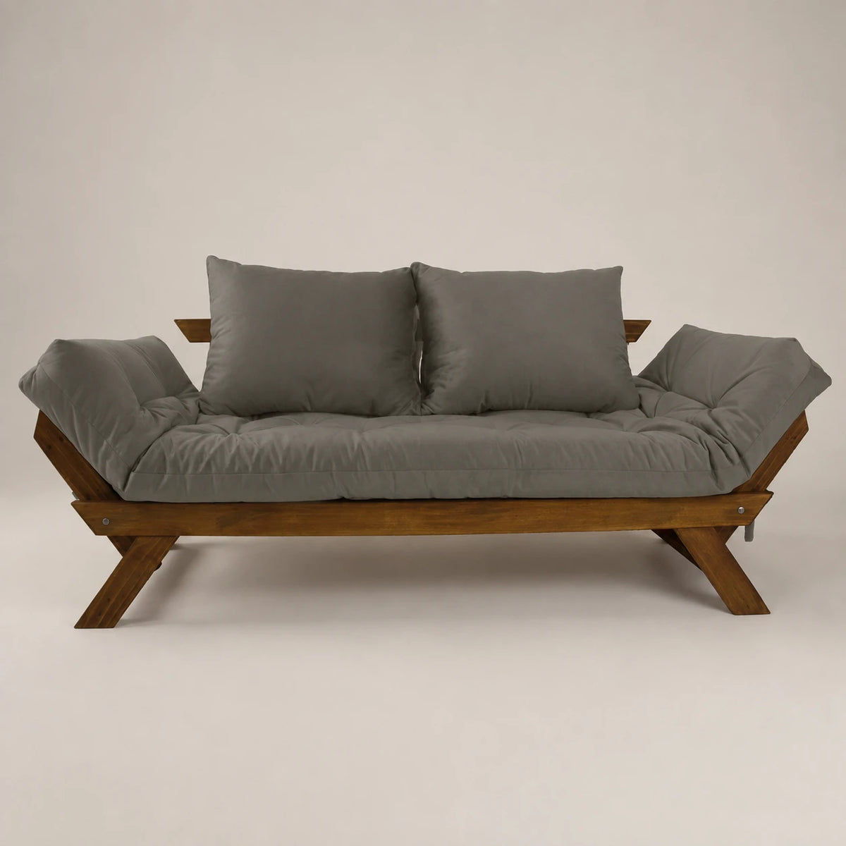 Sofá Cama Reclinável Futon Japão - Madeira Nobre Imbuia Tecido Sarja Cor Cinza