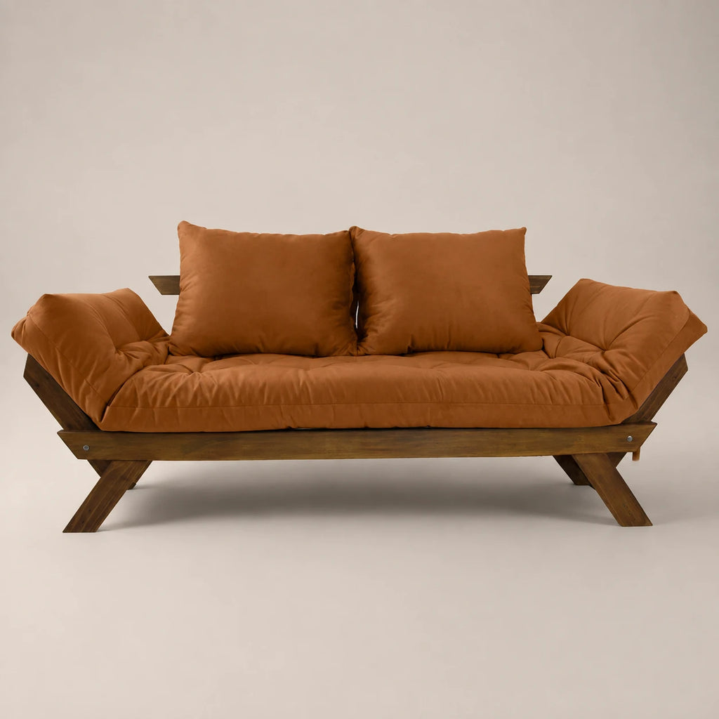 Sof� Cama Reclin�vel Futon Jap�o - Madeira Nobre Imbuia Tecido Sarja Cor Caramelo