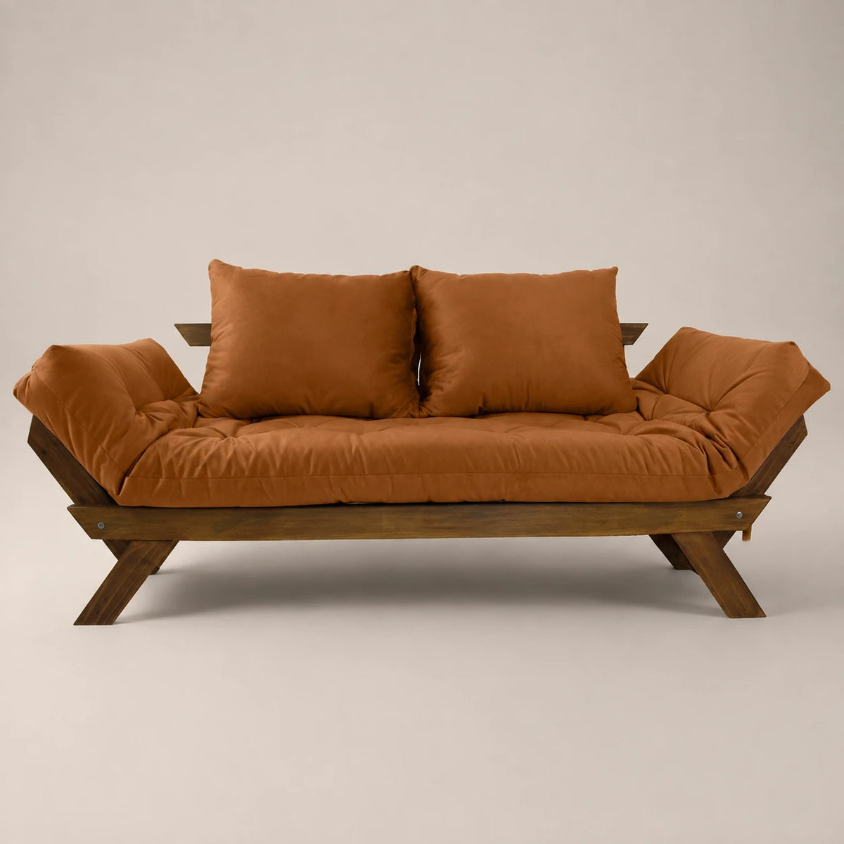 Sofá Cama Reclinável Futon Japão - Madeira Nobre Imbuia Tecido Sarja Cor Caramelo