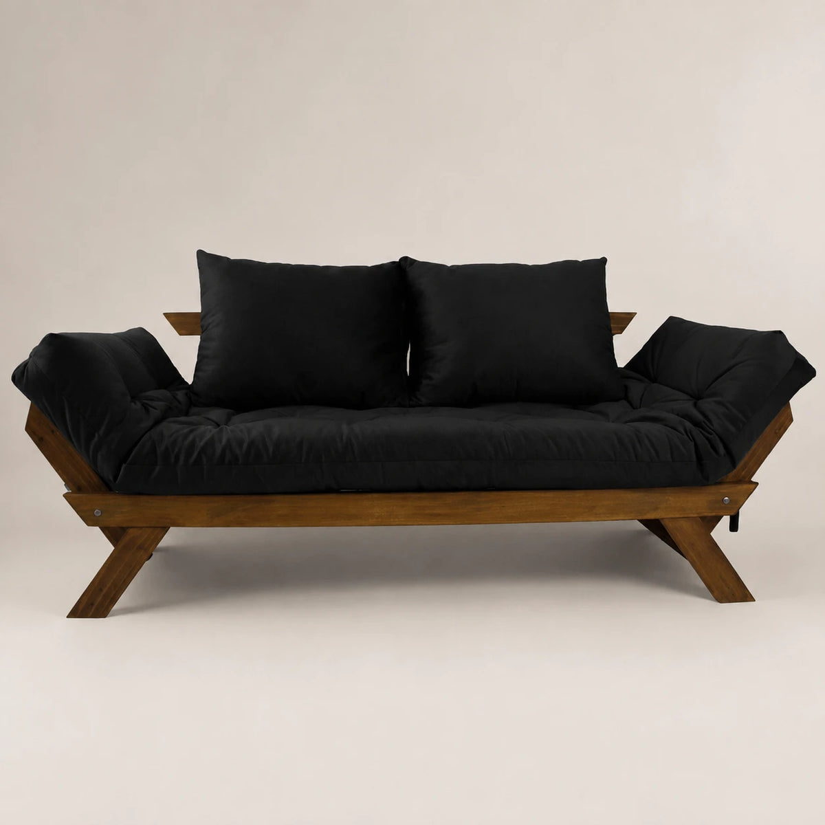 Sofá Cama Reclinável Futon Japão - Madeira Nobre Imbuia Tecido Sarja Cor Preto