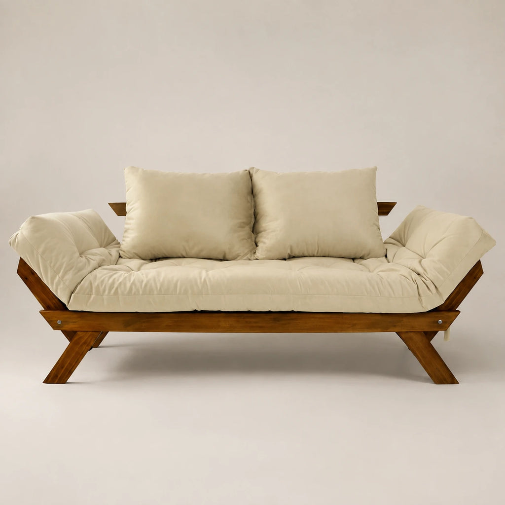 Sof� Cama Reclin�vel Futon Jap�o - Madeira Nobre Imbuia Tecido Sarja Cor Bege Claro