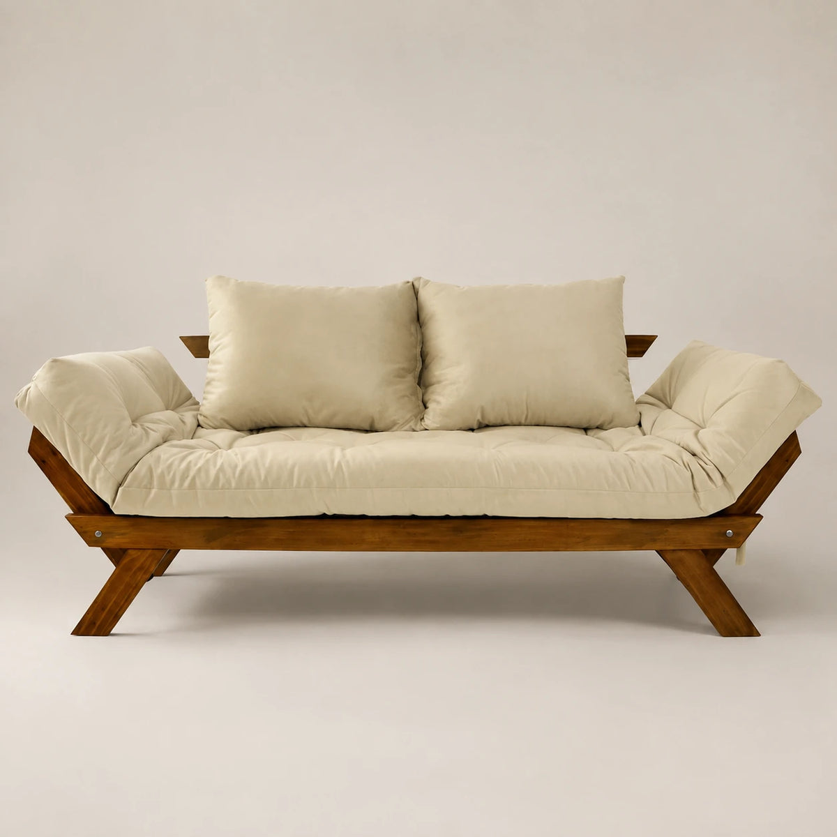 Sofá Cama Reclinável Futon Japão - Madeira Nobre Imbuia Tecido Sarja Cor Bege Claro