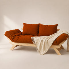 Sofá Cama Reclinável Futon Japão - Madeira Sem Pintura Tecido Sarja Cor Caramelo