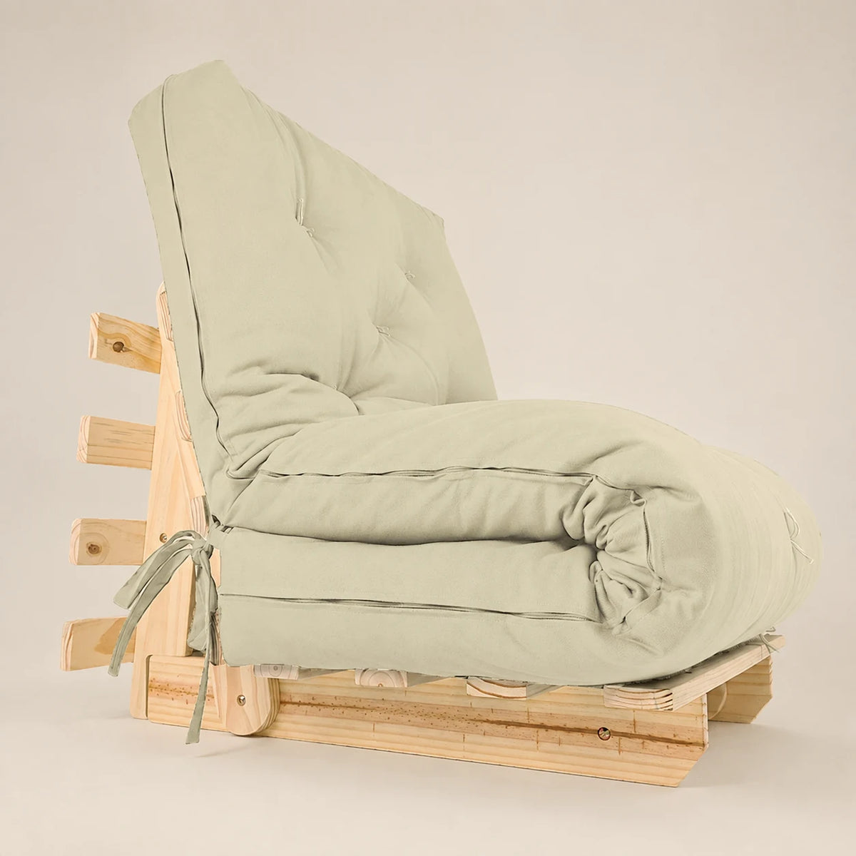 Sofa Cama Solteiro Futon Dobr�vel - Madeira Natural Sarja Bege