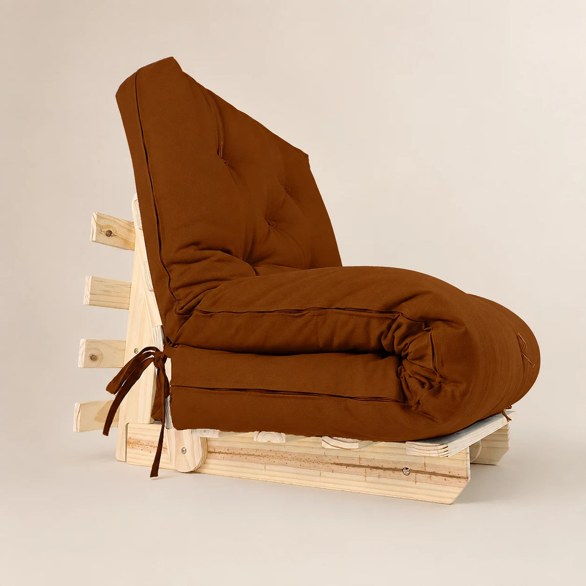 Sofa Cama Solteiro Futon Dobr�vel - Madeira Natural Sarja Caramelo