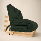 Sofa Cama Solteiro Futon Dobrável - Madeira Natural Sarja Verde Militar