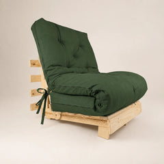 Sofa Cama Tokio Solteiro Futon Dobrável - Madeira Natural Sarja Verde Militar