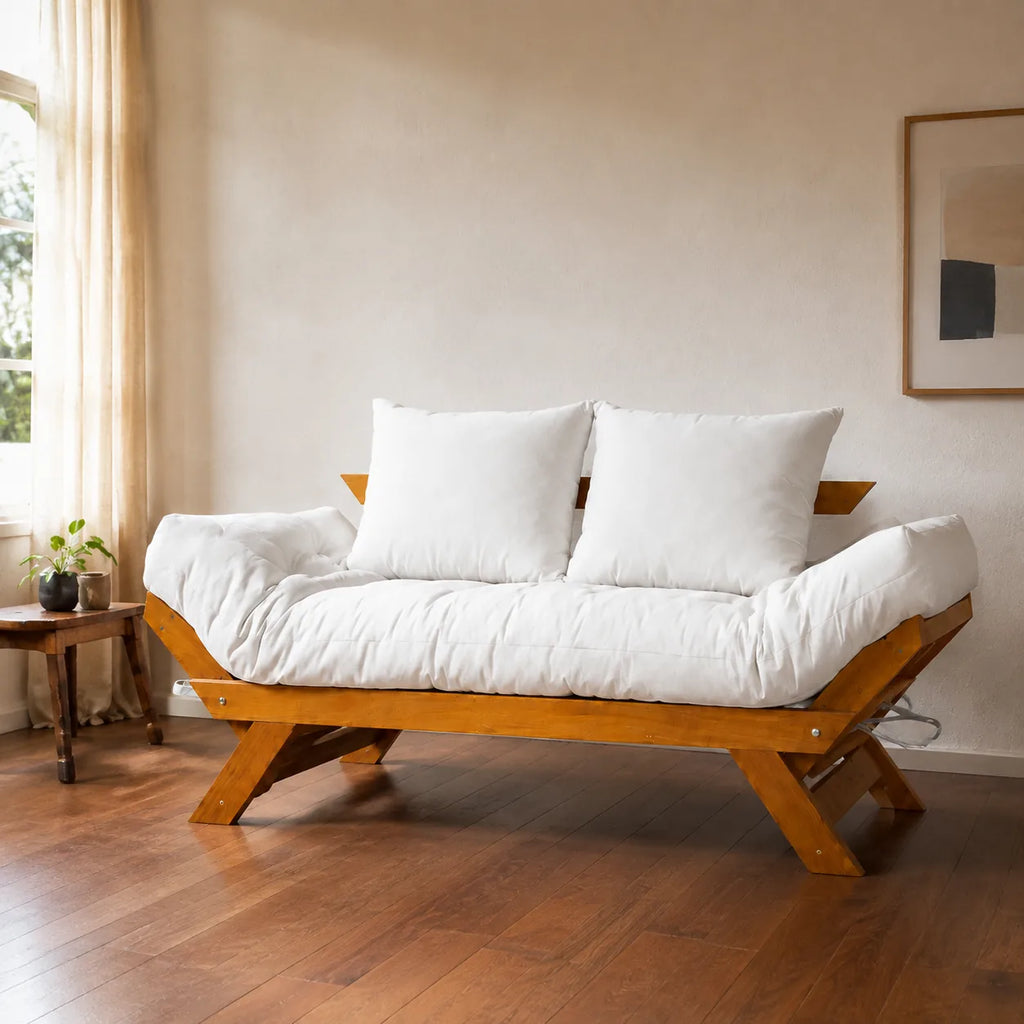 Sof� Cama Reclin�vel Futon Jap�o 1,40 - Madeira Mel Tecido Acquablock Cor Branco off - ambientada