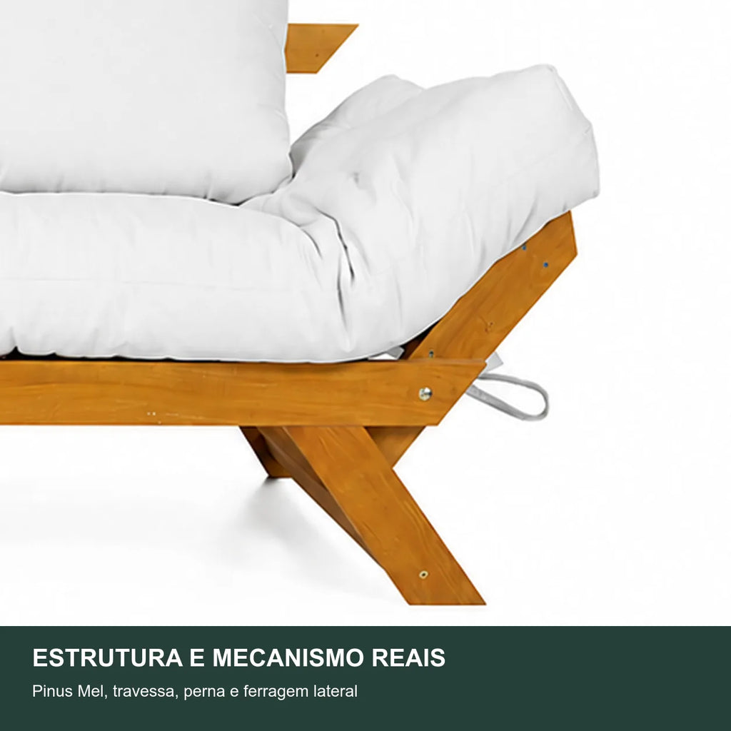 Sof� Cama Reclin�vel Futon Jap�o 1,40 - Madeira Mel Tecido Acquablock Cor Branco off - detalhe-mecanismo
