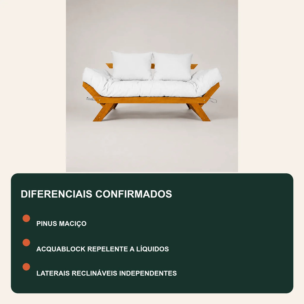 Sof� Cama Reclin�vel Futon Jap�o 1,40 - Madeira Mel Tecido Acquablock Cor Branco off - diferenciais