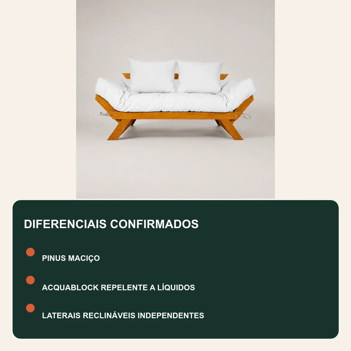 Sof� Cama Reclin�vel Futon Jap�o 1,40 - Madeira Mel Tecido Acquablock Cor Branco off - diferenciais