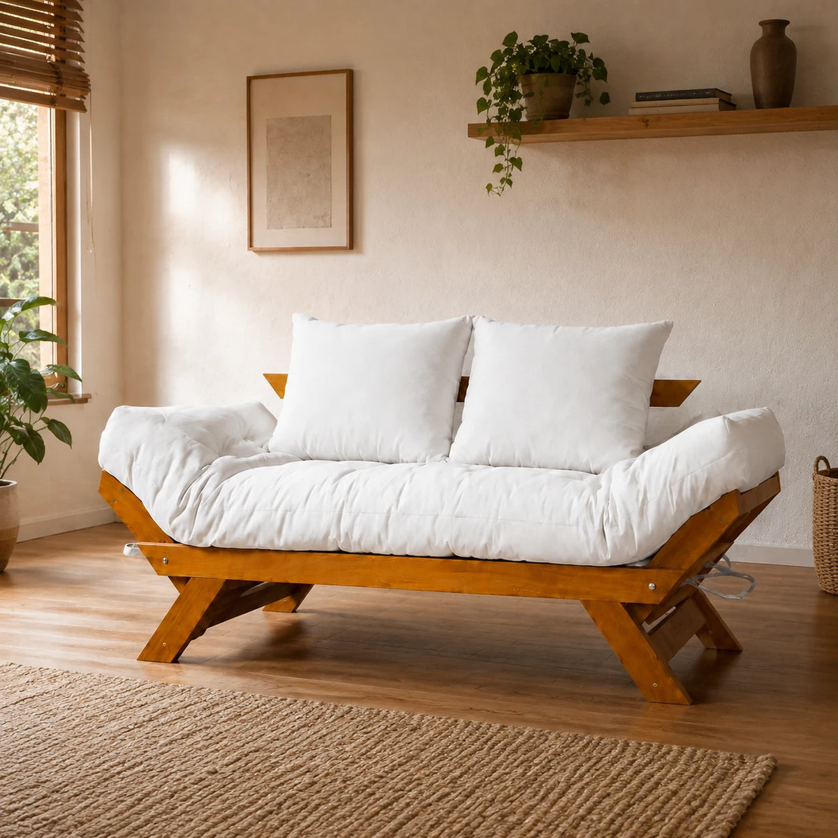 Sof� Cama Reclin�vel Futon Jap�o 1,40 - Madeira Mel Tecido Acquablock Cor Branco off - reclinada