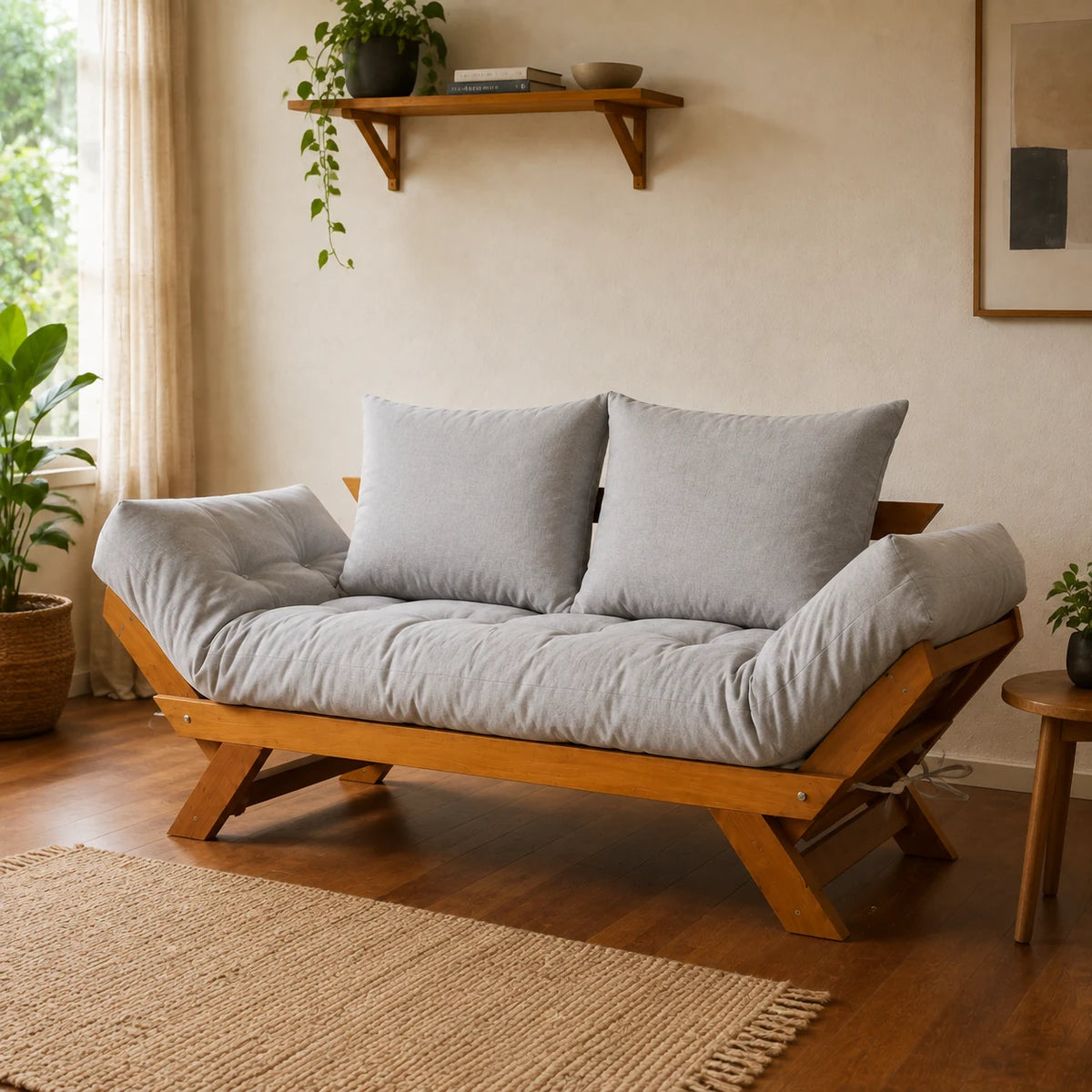 Sof� Cama Reclin�vel Futon Jap�o 1,40 - Madeira Mel Tecido Acquablock Cor Cinza linho - ambientada
