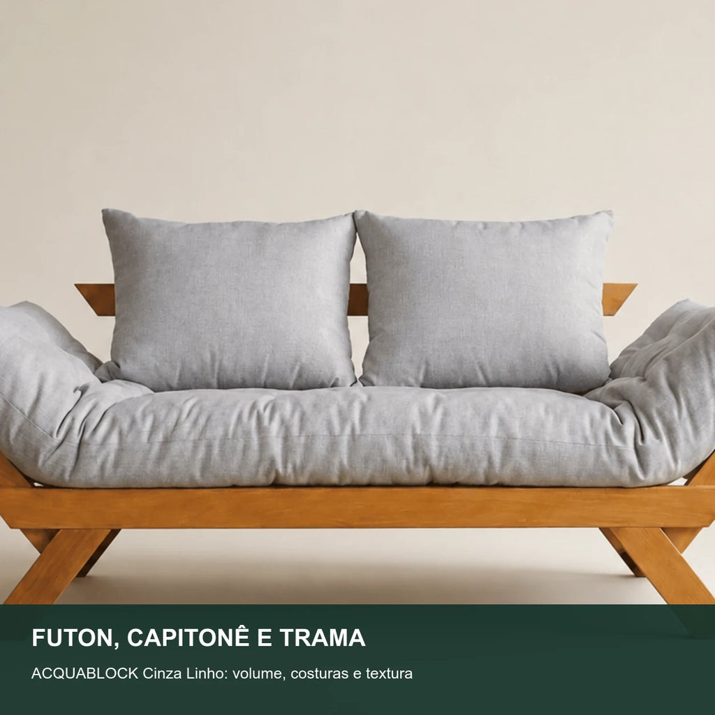 Sof� Cama Reclin�vel Futon Jap�o 1,40 - Madeira Mel Tecido Acquablock Cor Cinza linho - detalhe-capitone