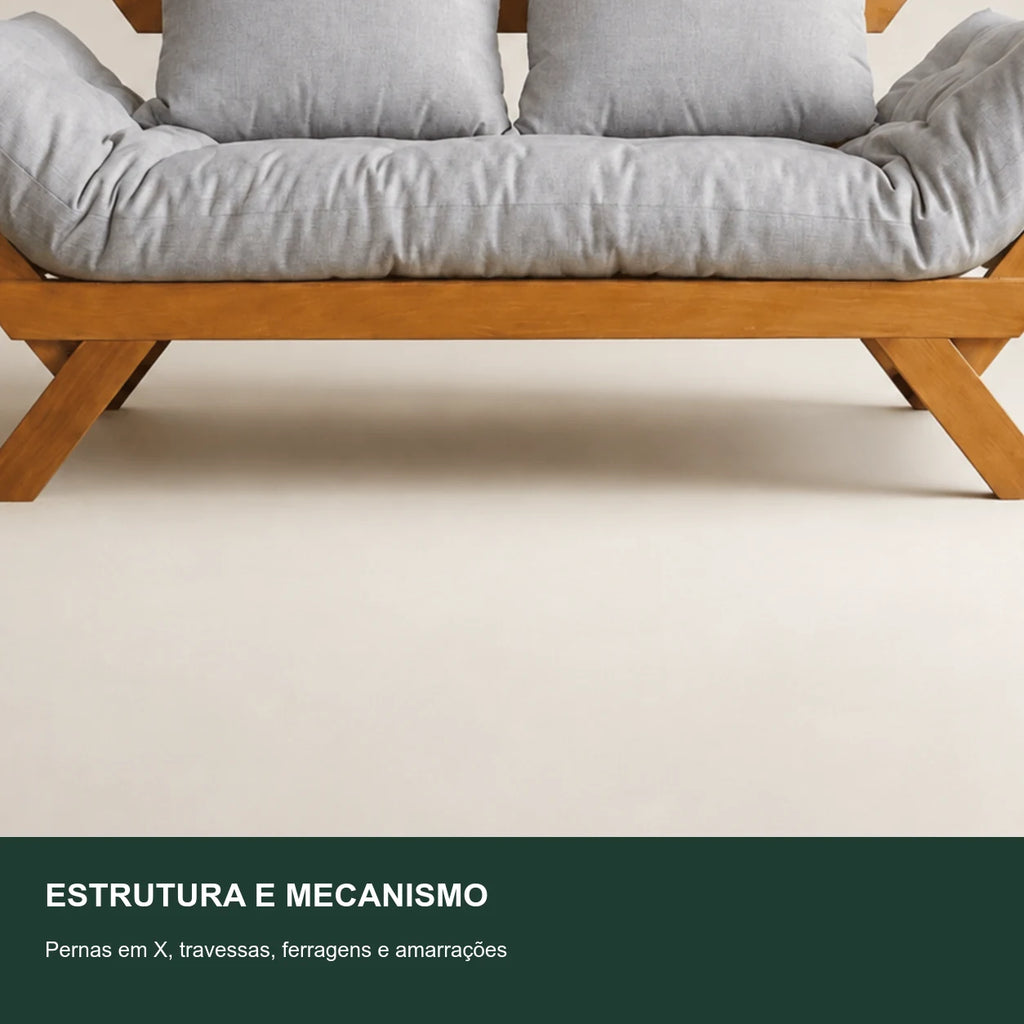 Sof� Cama Reclin�vel Futon Jap�o 1,40 - Madeira Mel Tecido Acquablock Cor Cinza linho - detalhe-mecanismo