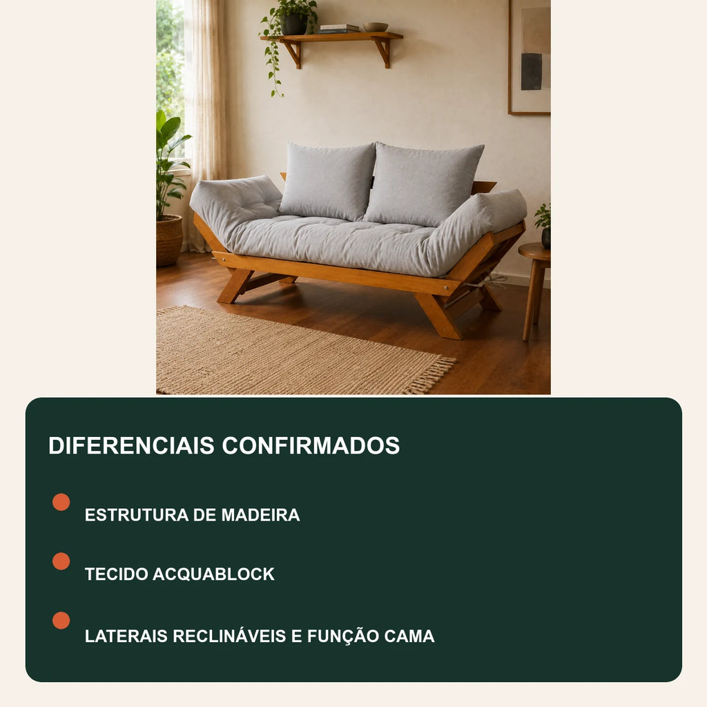 Sof� Cama Reclin�vel Futon Jap�o 1,40 - Madeira Mel Tecido Acquablock Cor Cinza linho - diferenciais
