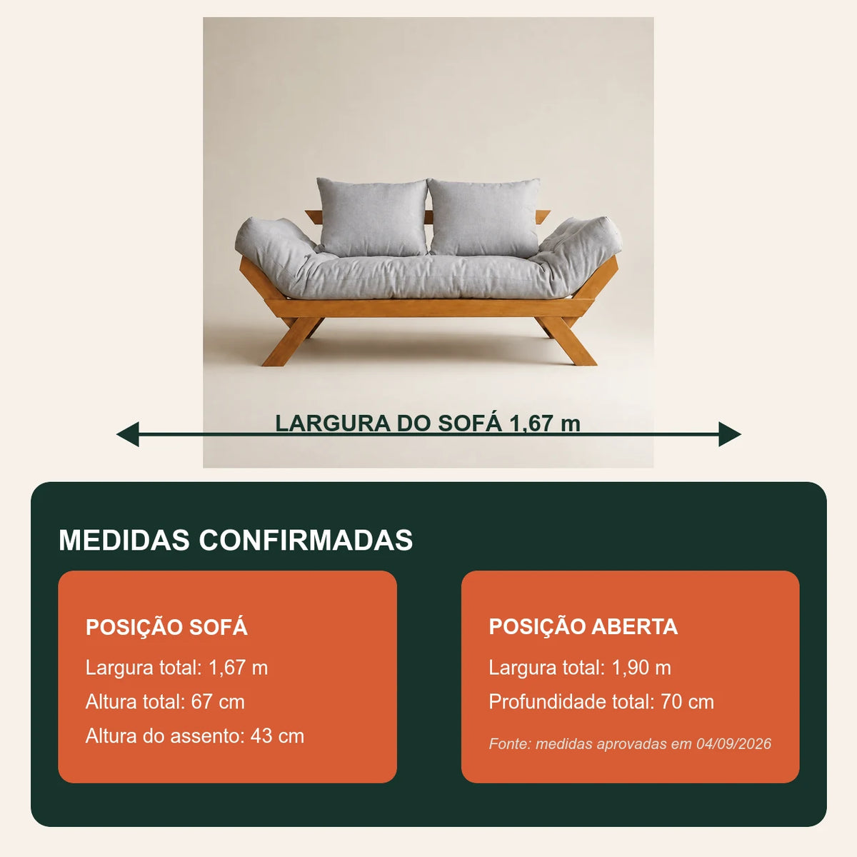 Sof� Cama Reclin�vel Futon Jap�o 1,40 - Madeira Mel Tecido Acquablock Cor Cinza linho - medidas