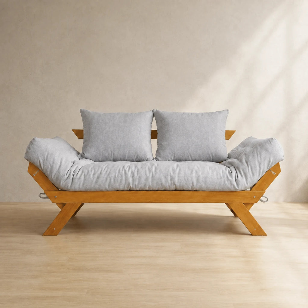 Sof� Cama Reclin�vel Futon Jap�o 1,40 - Madeira Mel Tecido Acquablock Cor Cinza linho - reclinada