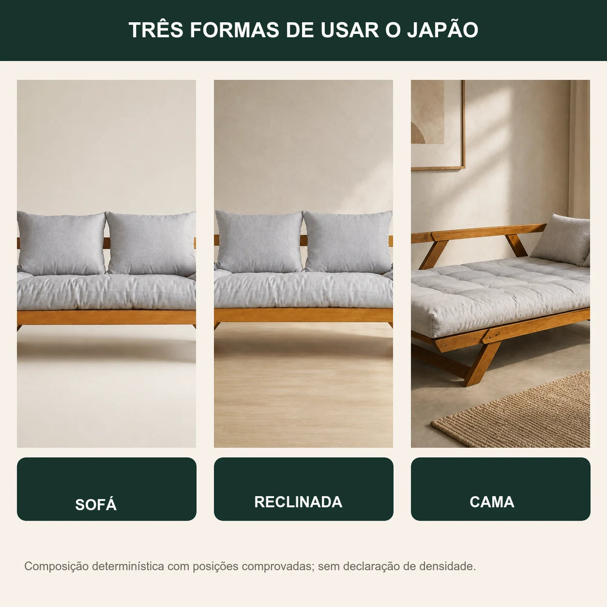 Sof� Cama Reclin�vel Futon Jap�o 1,40 - Madeira Mel Tecido Acquablock Cor Cinza linho - transformacao