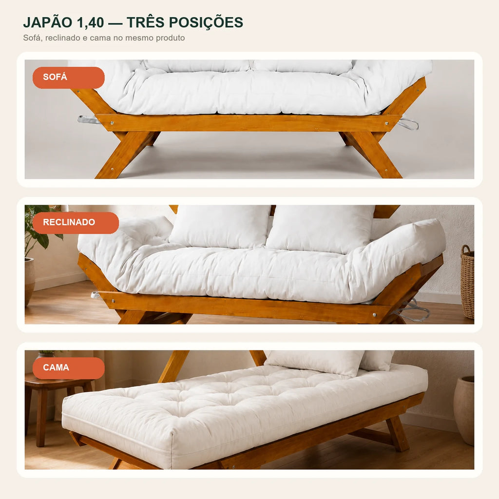 Sof� Cama Reclin�vel Futon Jap�o 1,40 - Madeira Mel Tecido Acquablock Cor Branco off - transformacao