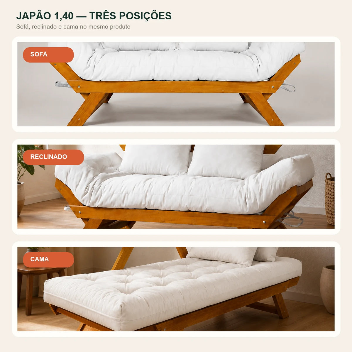Sof� Cama Reclin�vel Futon Jap�o 1,40 - Madeira Mel Tecido Acquablock Cor Branco off - transformacao